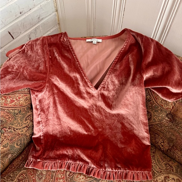 Madewell Velvet V-Neck Blouse in Deep Coral - Picture 3 of 7
